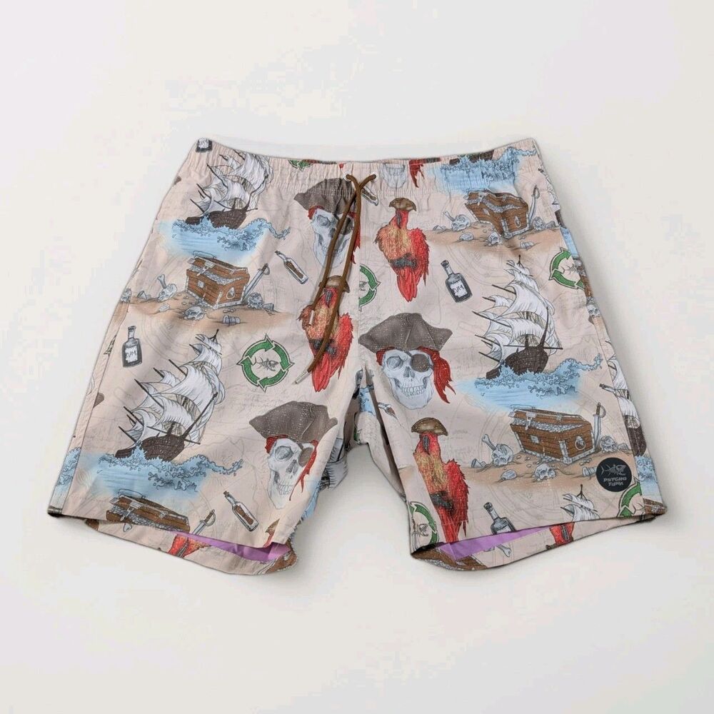 Psycho Tuna Skull Board Shorts Mens XXL Parrot Swim Trunks Drawstring